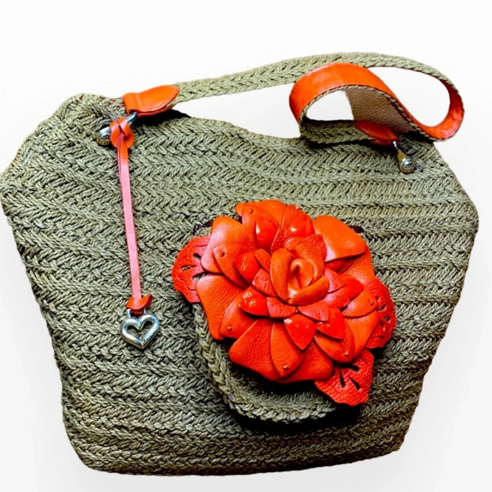 BRIGHTON JUTE AND ROSE CORAL LEATHER LARGE BAG